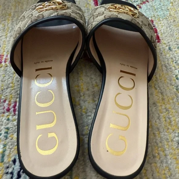 Gucci Women's Tan GG Logo Mules with Gold Accent - Picture 9 of 13